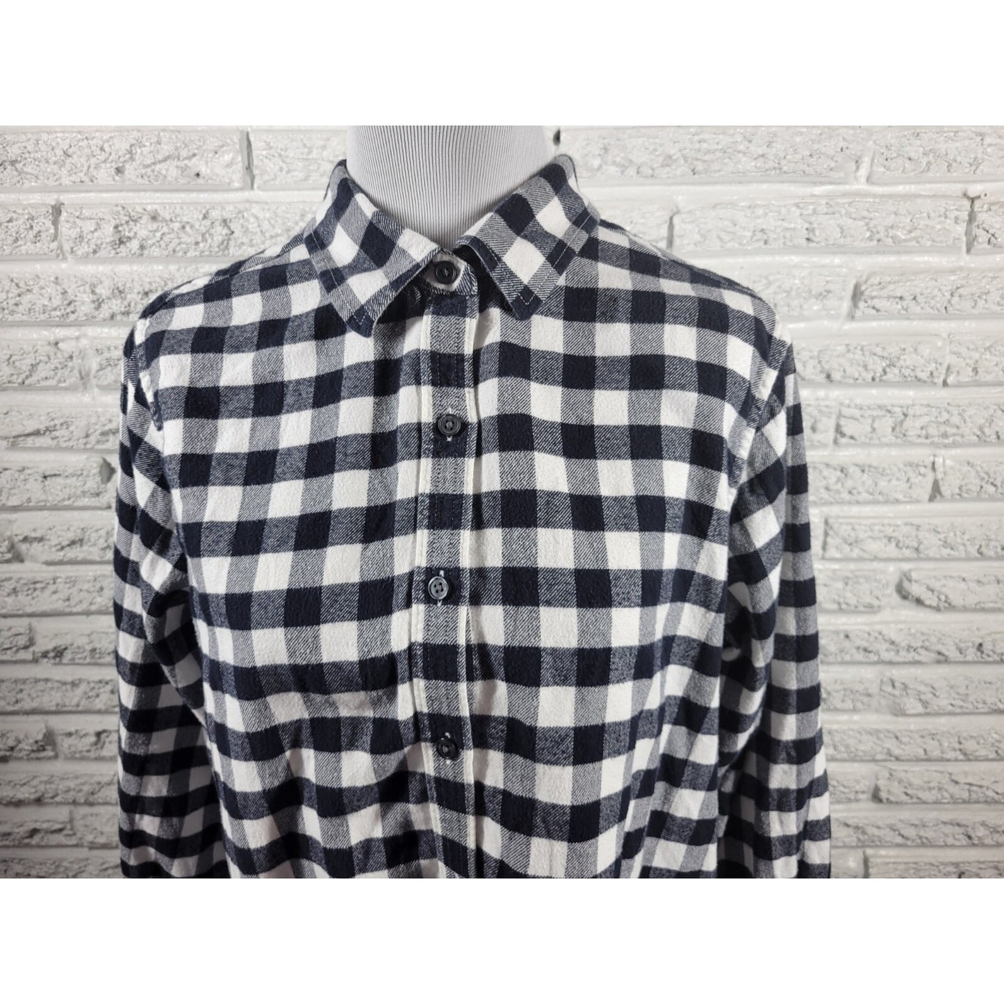 Lands End Womens Top 18W Plus Black Plaid Cotton Button Up Light Flannel Collar