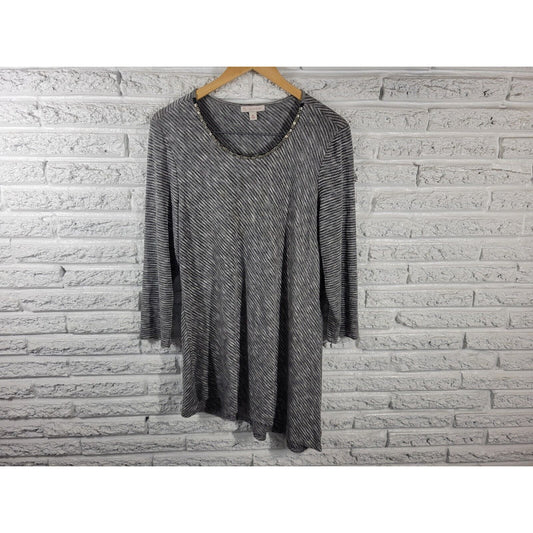 Dress Barn Womens Top Extra Large XL Tunic Knit Black Stripe Asymmetric Beaded