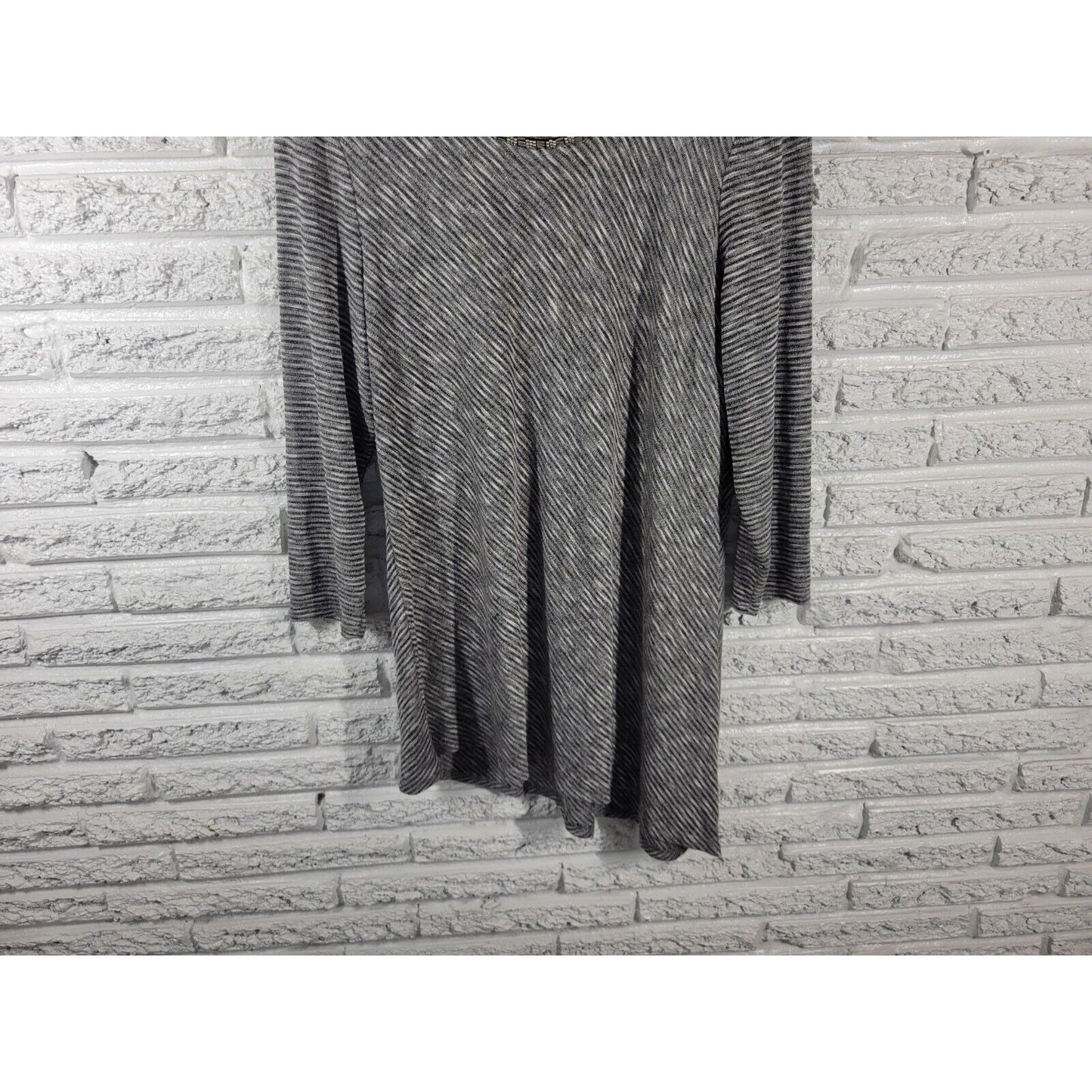 Dress Barn Womens Top Extra Large XL Tunic Knit Black Stripe Asymmetric Beaded