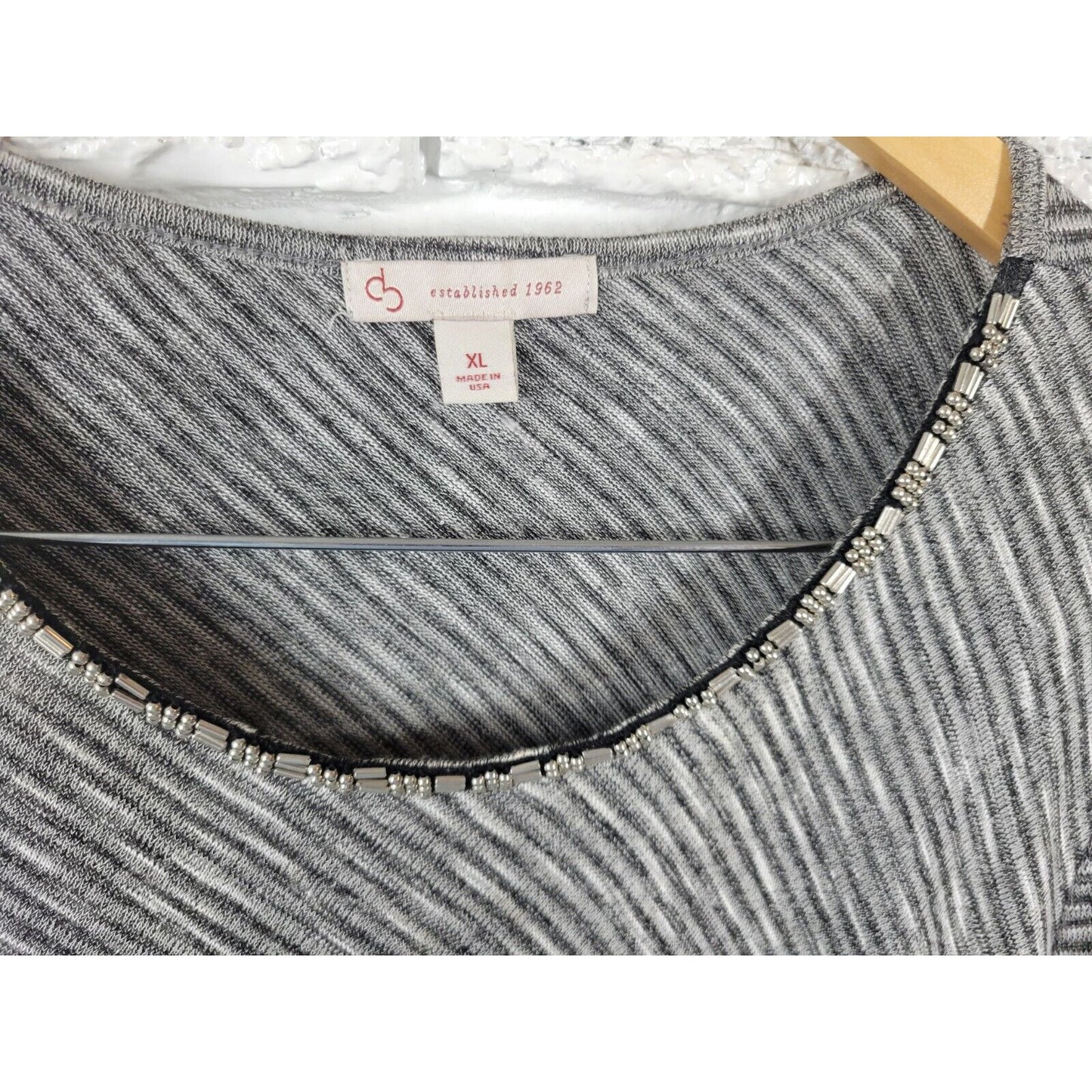 Dress Barn Womens Top Extra Large XL Tunic Knit Black Stripe Asymmetric Beaded