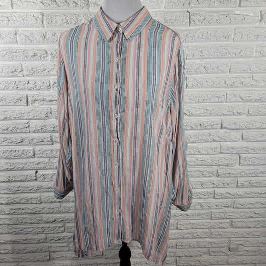 Zac Rachel Womens Top 2X Plus Button Up Roll Tab Sleeve Stripe Pink Blue Pastel