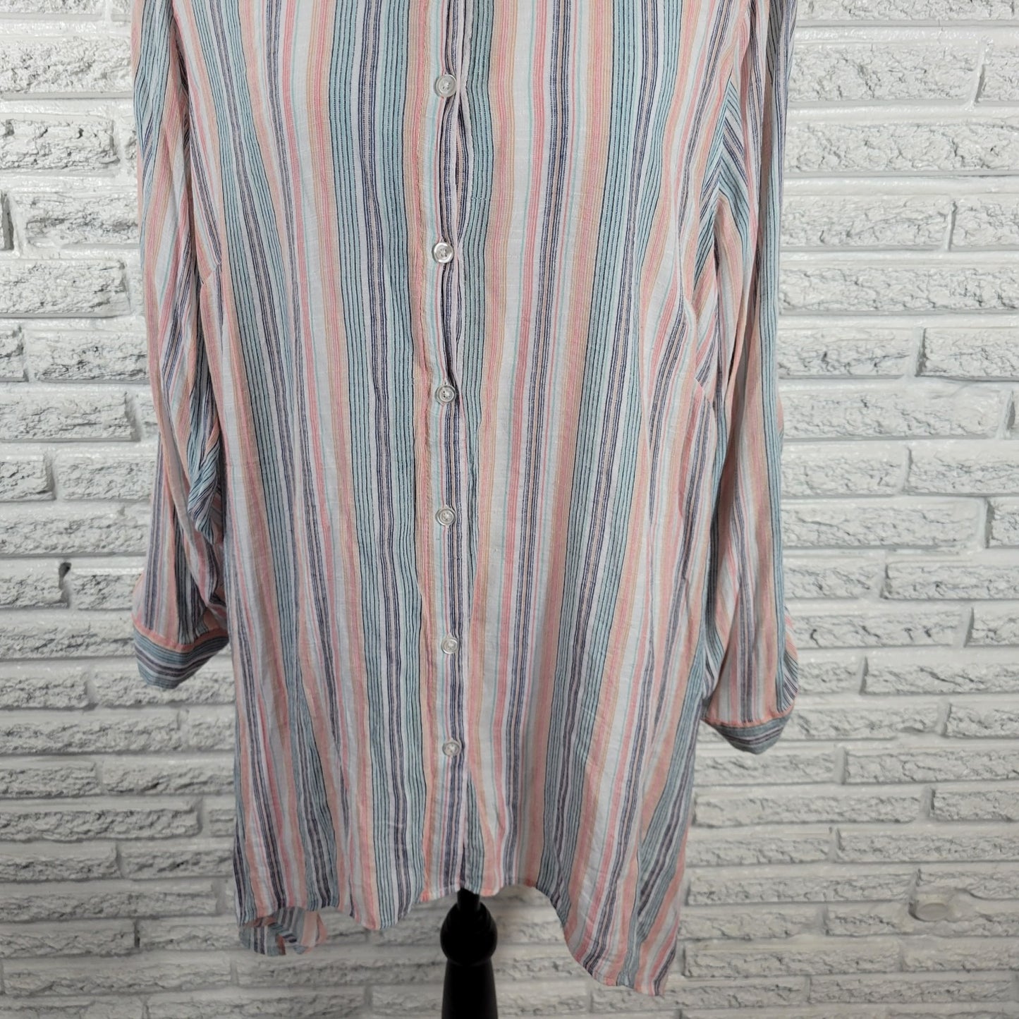 Zac Rachel Womens Top 2X Plus Button Up Roll Tab Sleeve Stripe Pink Blue Pastel