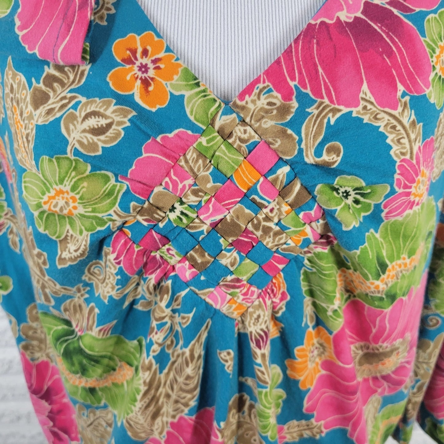 Caribbean Joe Womens Top 1X Plus 3/4 Sleeve Blue Pink Floral Casual Woven Front