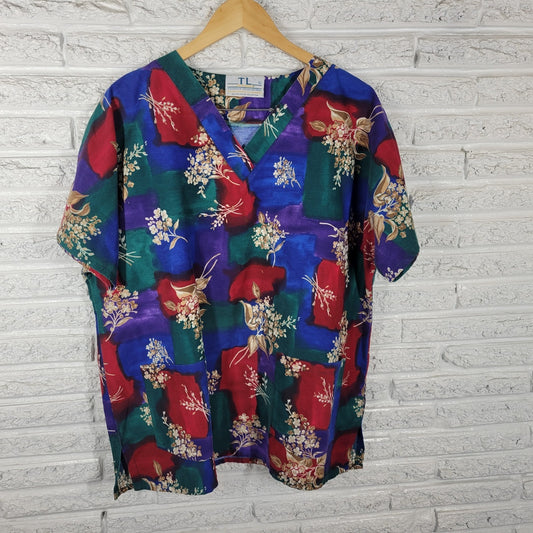 TL Uniforms Unisex Scrub Top XL Blue Red Green Floral Pockets Medical Poly Blend
