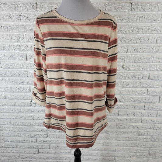 Croft Barrow Womens Top Extra Large Tee  3/4 Cuff Sleeve Brown Pink Stripe Comfy