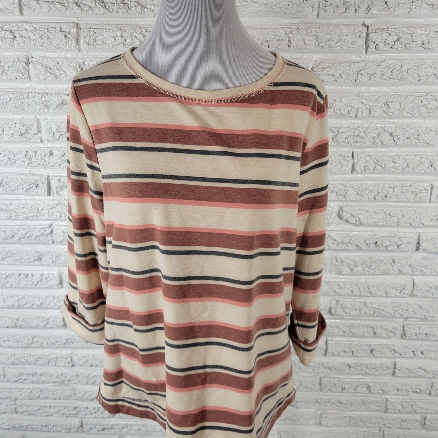 Croft Barrow Womens Top Extra Large Tee  3/4 Cuff Sleeve Brown Pink Stripe Comfy