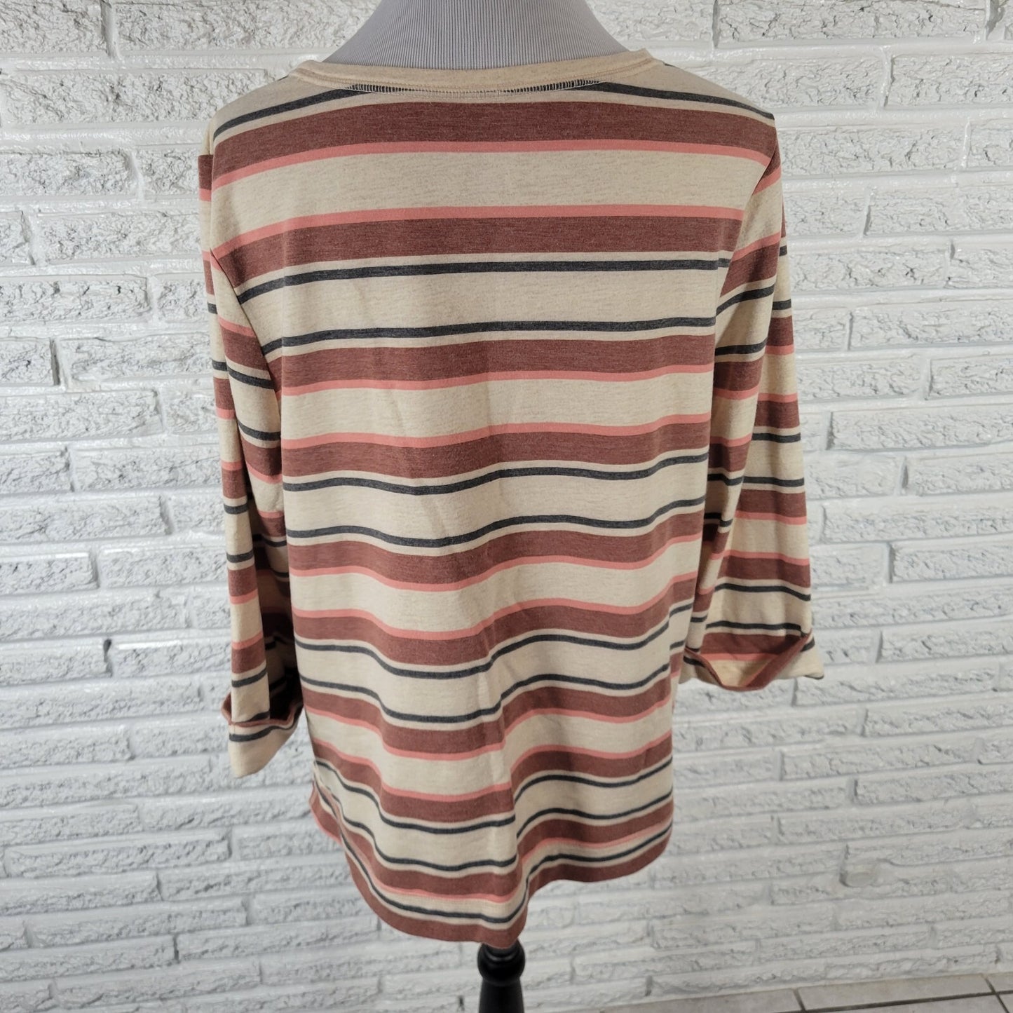 Croft Barrow Womens Top Extra Large Tee  3/4 Cuff Sleeve Brown Pink Stripe Comfy