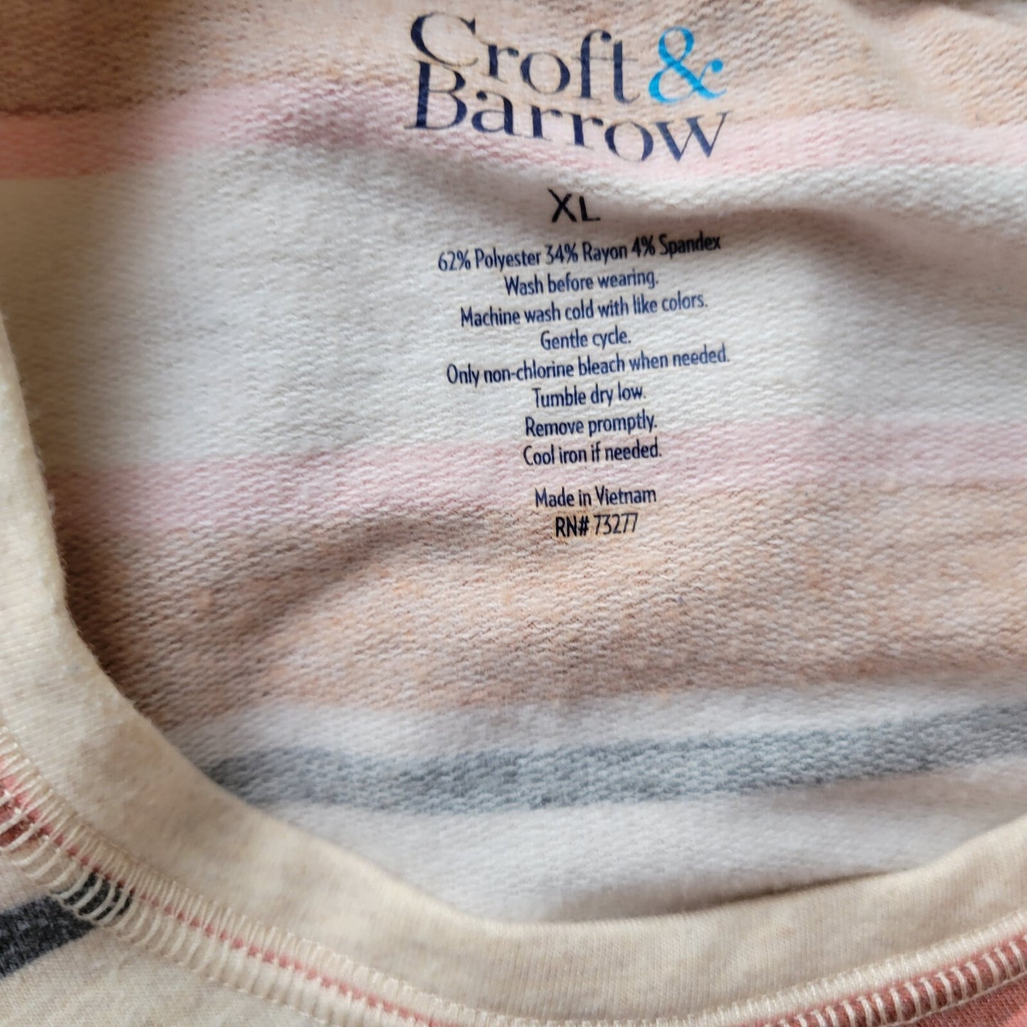 Croft Barrow Womens Top Extra Large Tee  3/4 Cuff Sleeve Brown Pink Stripe Comfy