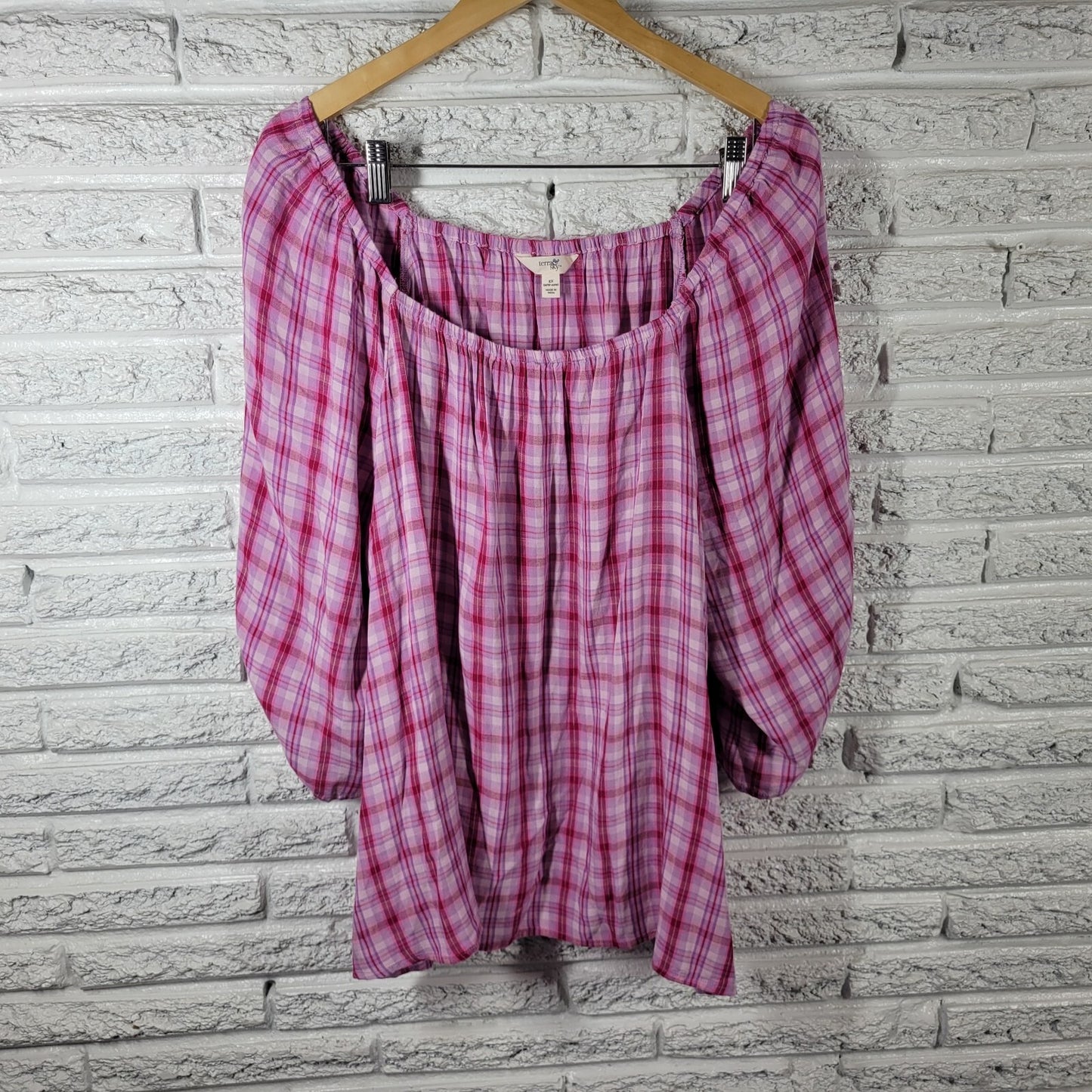 Terra Sky Womens Top 2X Plus Peasant Pink Plaid On Off Shoulder Lightweight