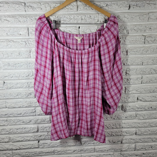 Terra Sky Womens Top 2X Plus Peasant Pink Plaid On Off Shoulder Lightweight