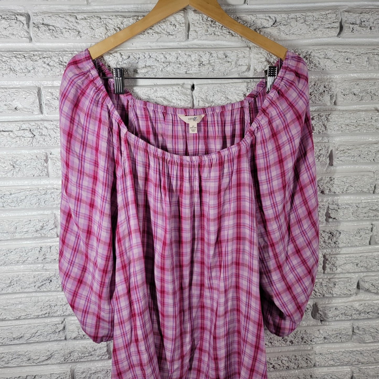 Terra Sky Womens Top 2X Plus Peasant Pink Plaid On Off Shoulder Lightweight