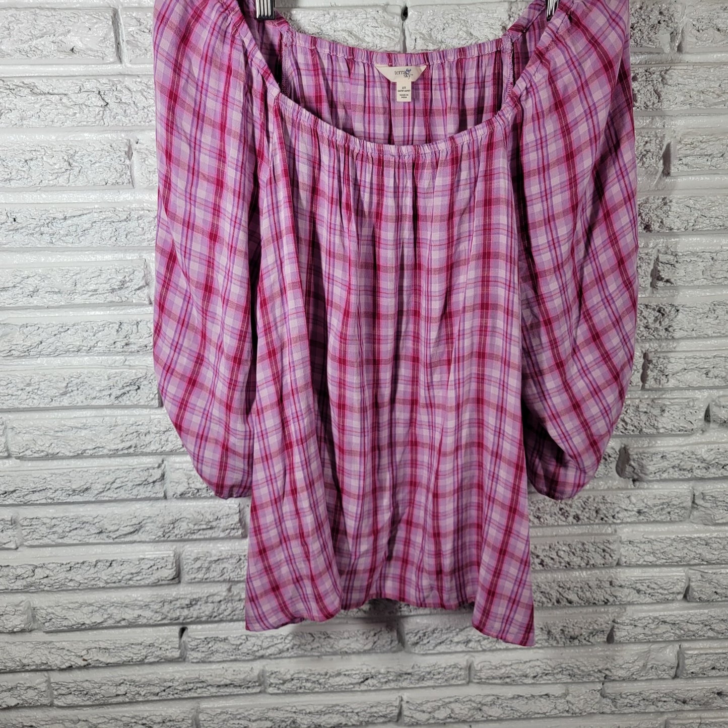 Terra Sky Womens Top 2X Plus Peasant Pink Plaid On Off Shoulder Lightweight