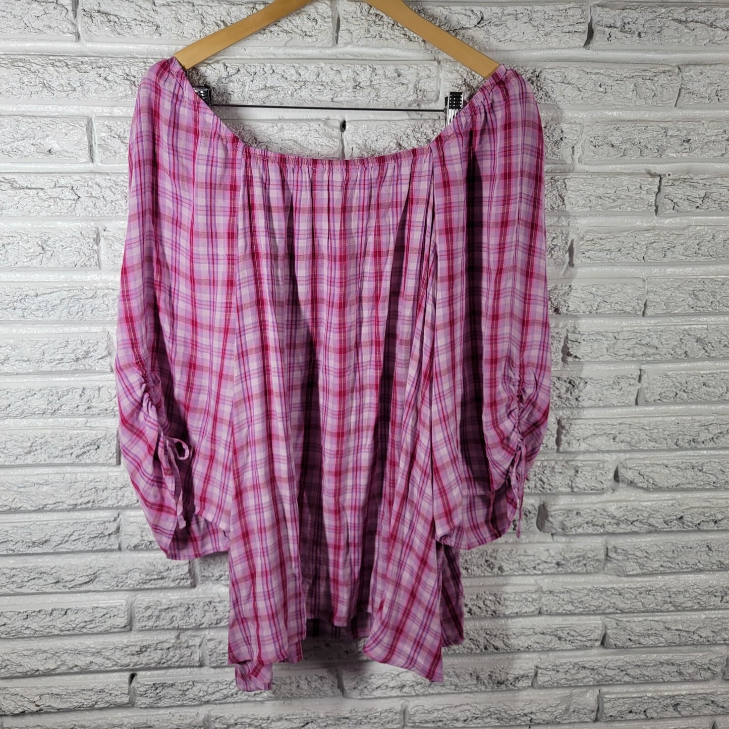 Terra Sky Womens Top 2X Plus Peasant Pink Plaid On Off Shoulder Lightweight