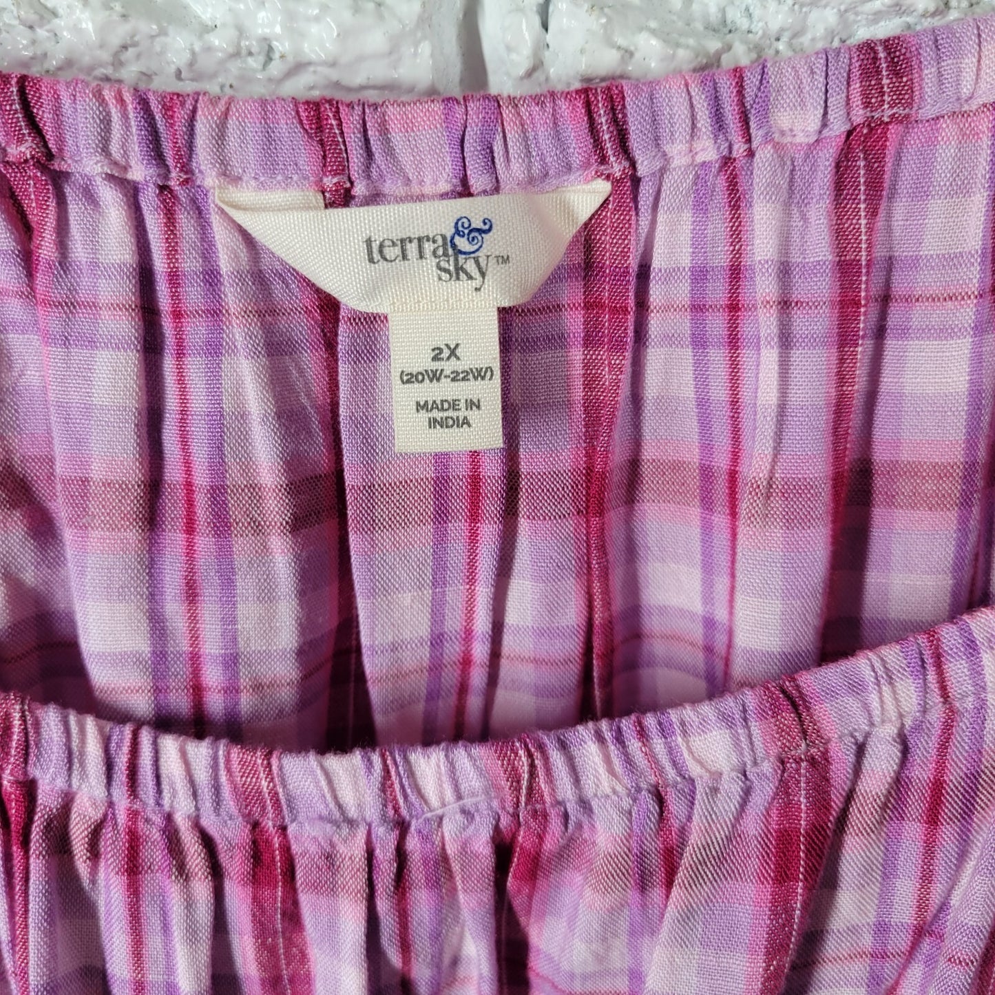 Terra Sky Womens Top 2X Plus Peasant Pink Plaid On Off Shoulder Lightweight