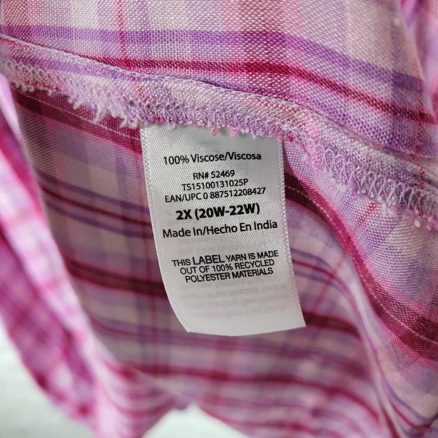 Terra Sky Womens Top 2X Plus Peasant Pink Plaid On Off Shoulder Lightweight