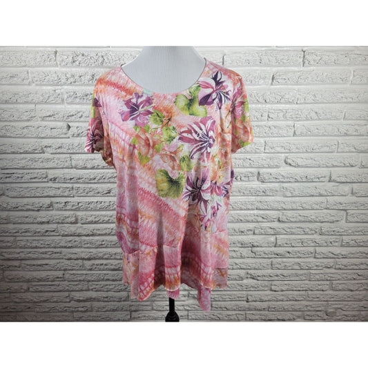 Time Tru Women Top XXL 20 Tee Cap Sleeve Pink Floral Tiered Rhinestone Polyester