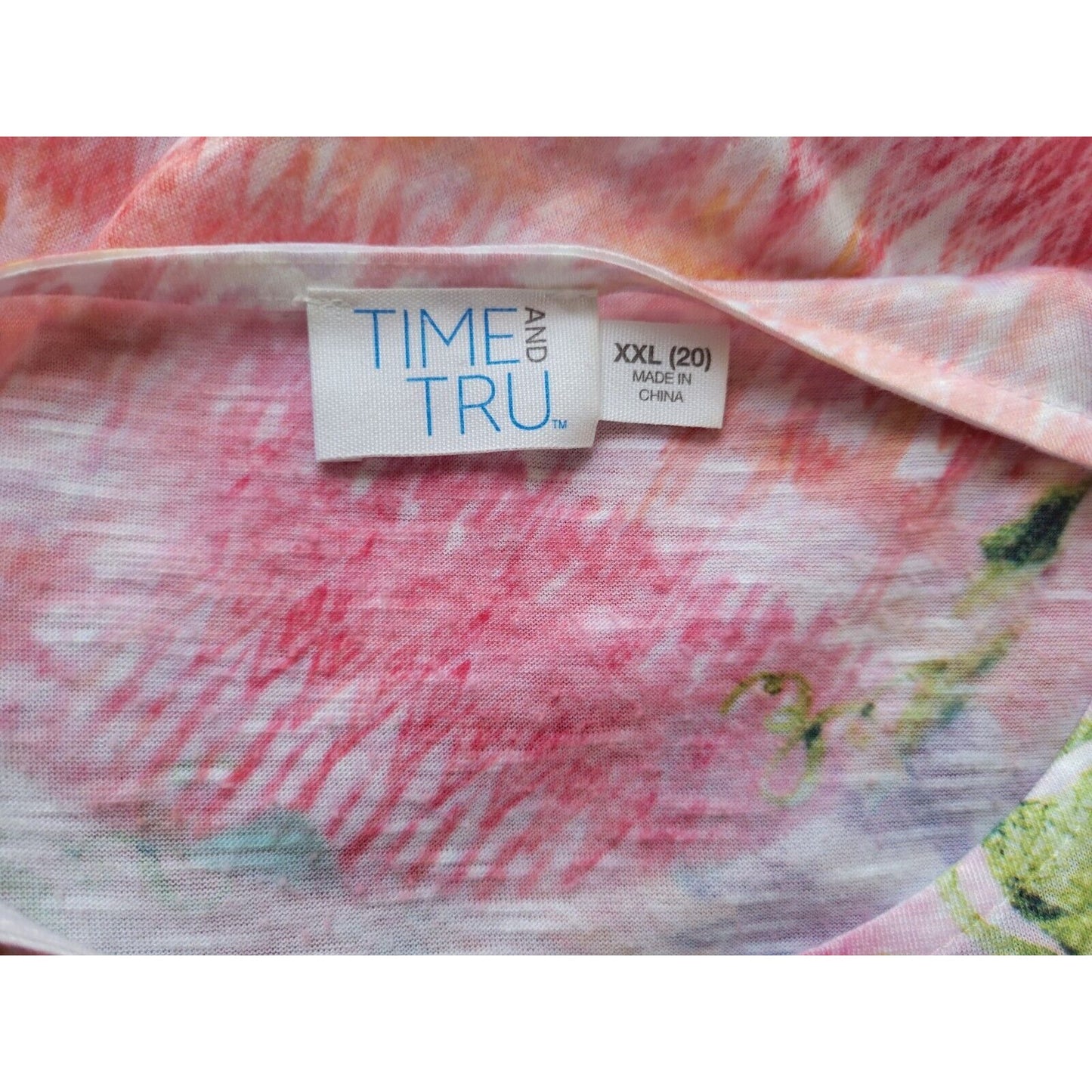 Time Tru Women Top XXL 20 Tee Cap Sleeve Pink Floral Tiered Rhinestone Polyester