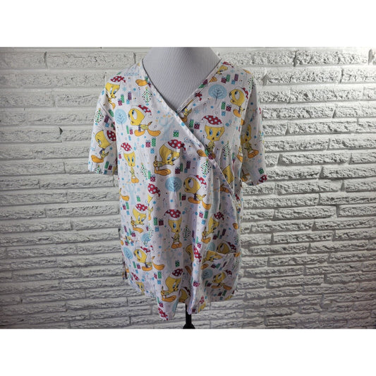 Christmas Looney Tunes Tweety Bird Unisex Scrub Top Extra Large Pockets Vet Tech