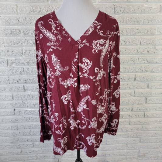 Kim Rogers Womens Top Extra Large Tunic Burgundy Paisley Rayon Asymmetric