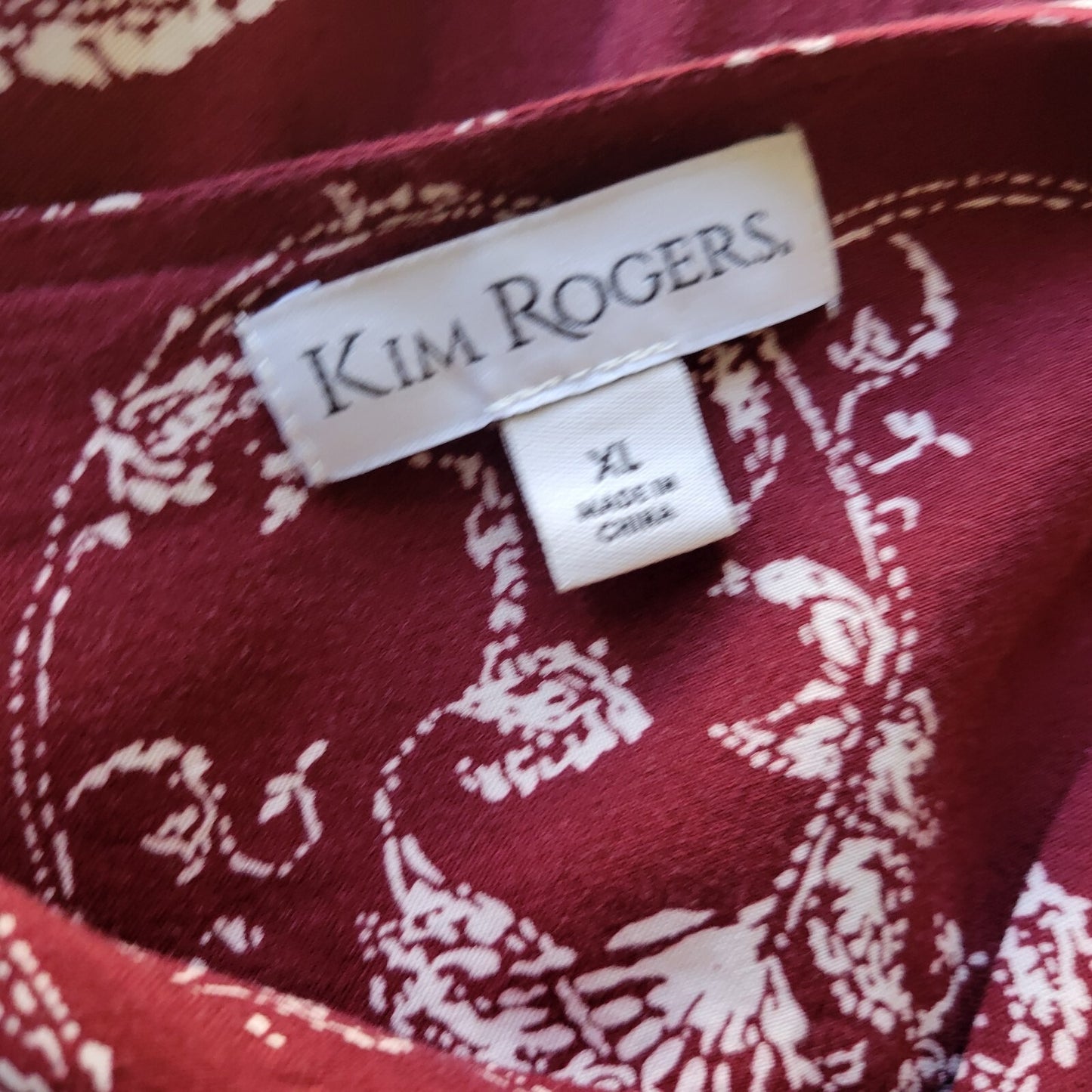 Kim Rogers Womens Top Extra Large Tunic Burgundy Paisley Rayon Asymmetric