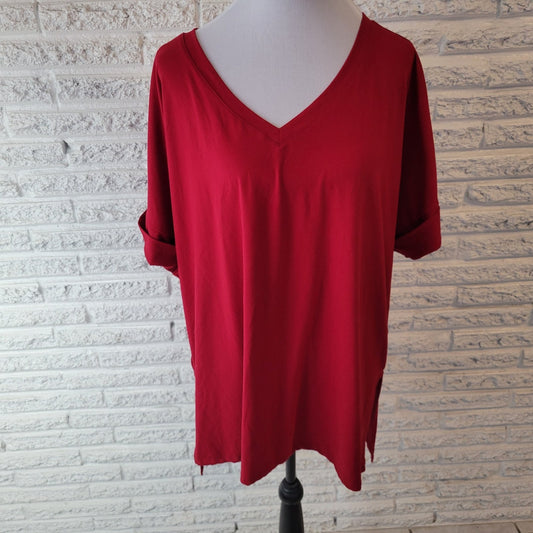 Zenana Womens Top 1X Plus Tee Cuff Short Sleeve Red Polyester Blend Comfy Casual