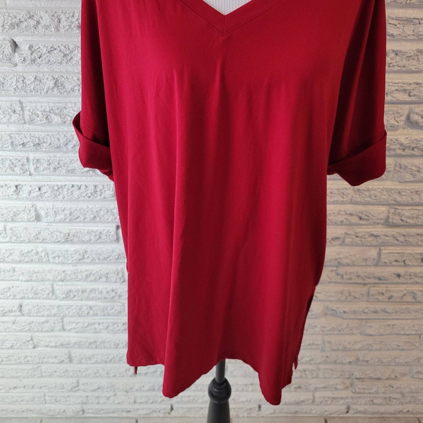 Zenana Womens Top 1X Plus Tee Cuff Short Sleeve Red Polyester Blend Comfy Casual