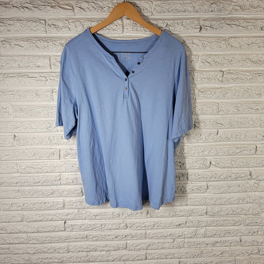 Denim Co QVC Womens Top 2X Plus Short Sleeve Blue Cotton Blend Quarter Button