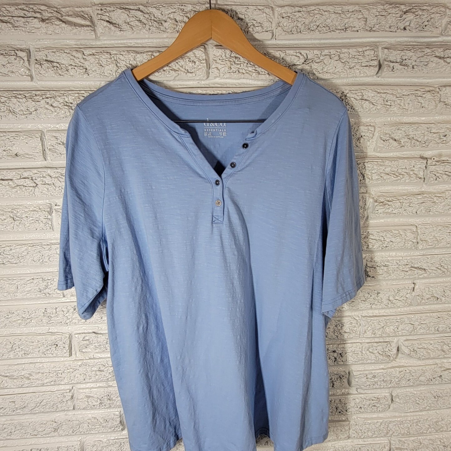 Denim Co QVC Womens Top 2X Plus Short Sleeve Blue Cotton Blend Quarter Button