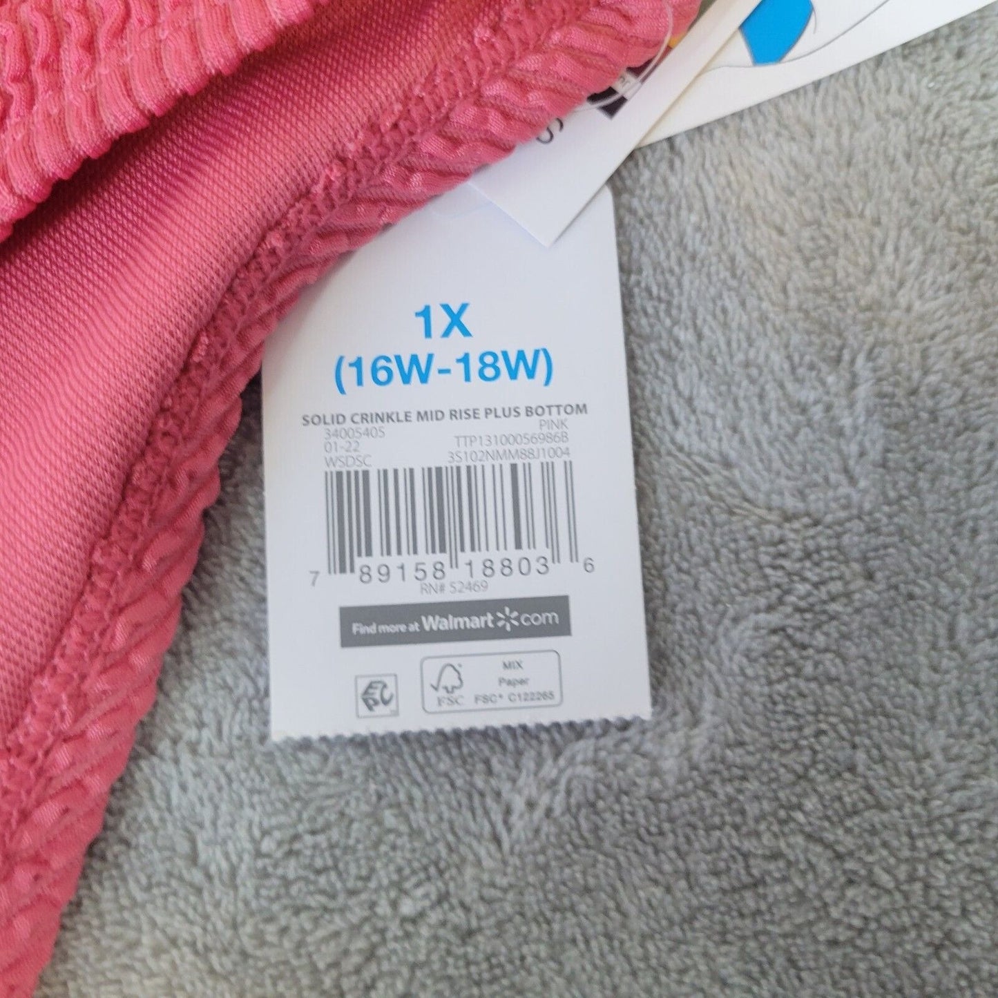 Time Tru Womens Swim Bikini Bottom 1X 16W 18W Plus Pink Crinkle Comfy Poly Blend