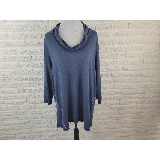 Ruby Rd Womens Top 3X Plus Long Sleeve Cowl Neck Studded Blue Casual Stretchy
