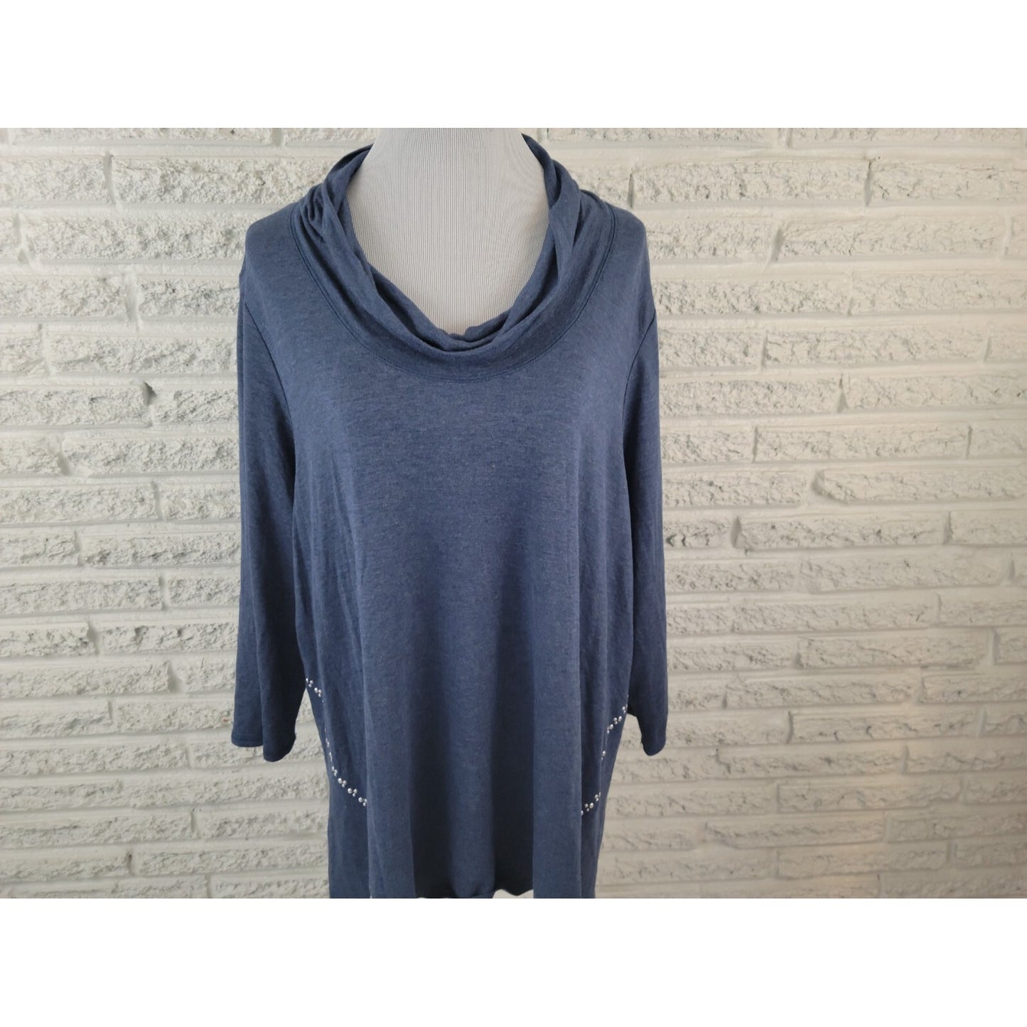 Ruby Rd Womens Top 3X Plus Long Sleeve Cowl Neck Studded Blue Casual Stretchy