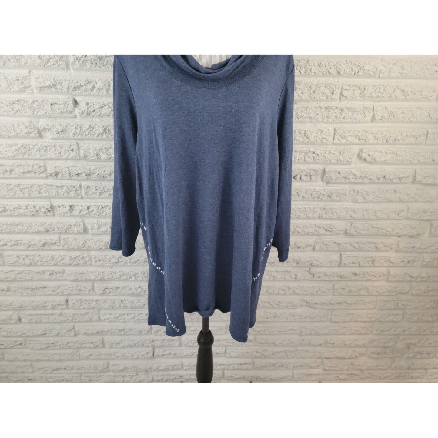 Ruby Rd Womens Top 3X Plus Long Sleeve Cowl Neck Studded Blue Casual Stretchy