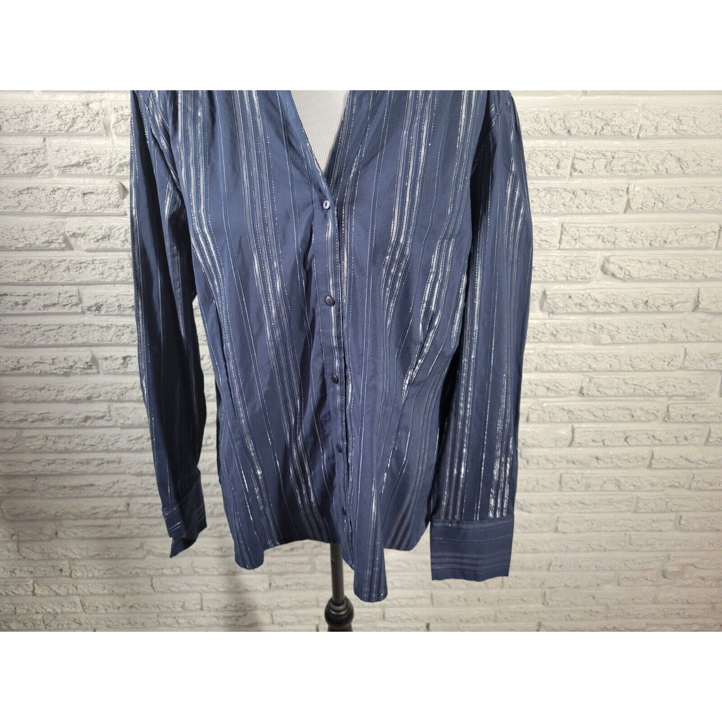 Ana Womens Top 3X Plus Long Sleeve Button Up Blue Silver Metallic Stripe Office
