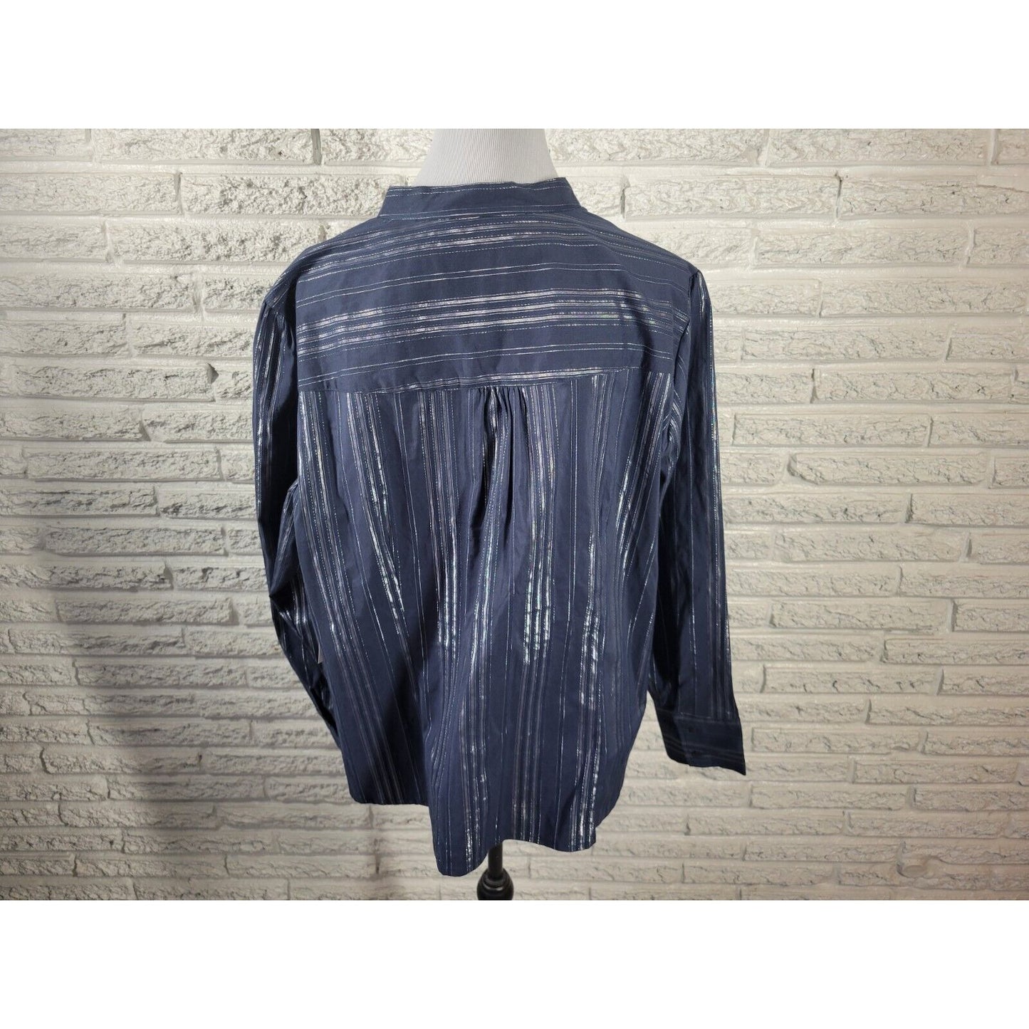 Ana Womens Top 3X Plus Long Sleeve Button Up Blue Silver Metallic Stripe Office