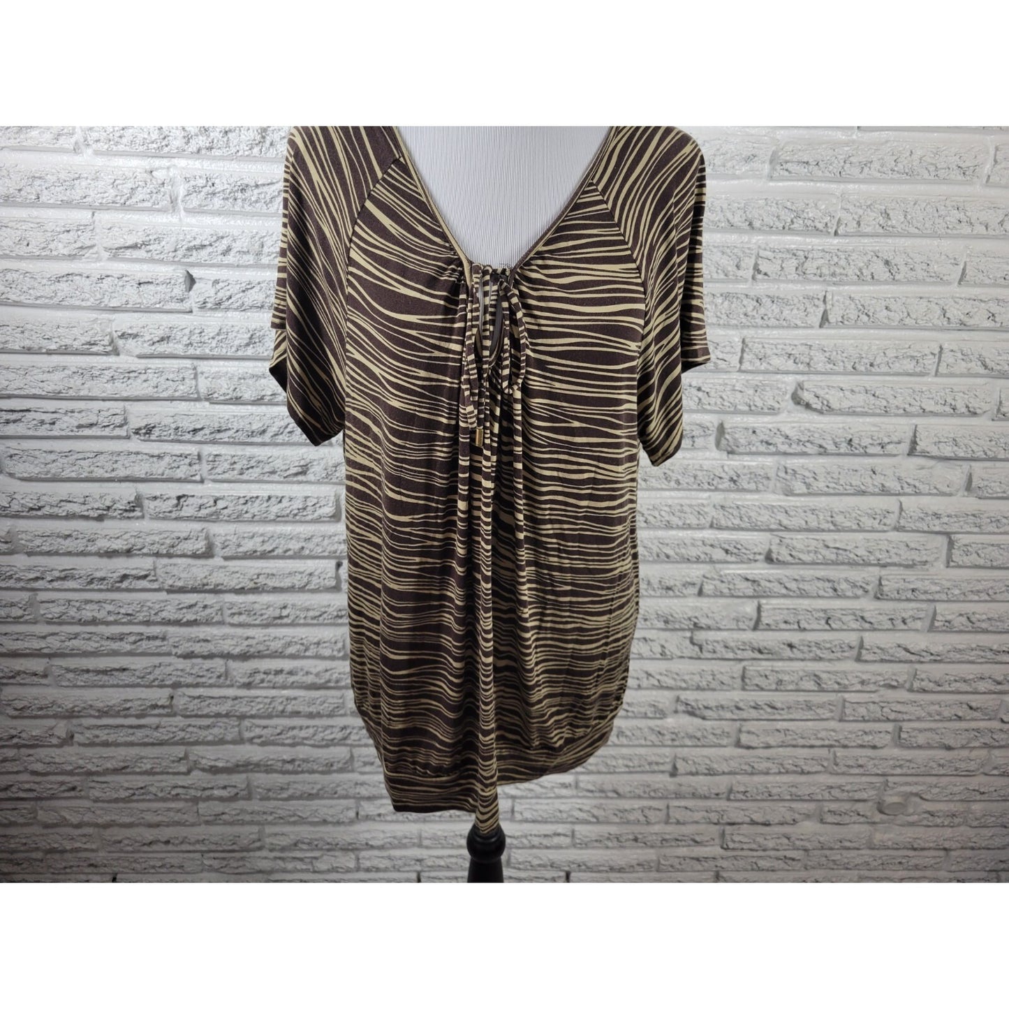 Michael Kors Womens Top 2X Plus Short Sleeve Brown Stripe Keyhole Comfy Casual