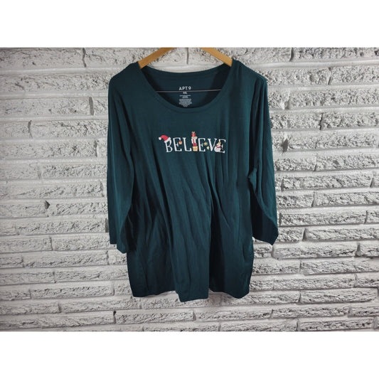 Christmas Apt 9 Womens Top XXL Tee Tunic 3/4 Sleeve Green Poly Blend Believe