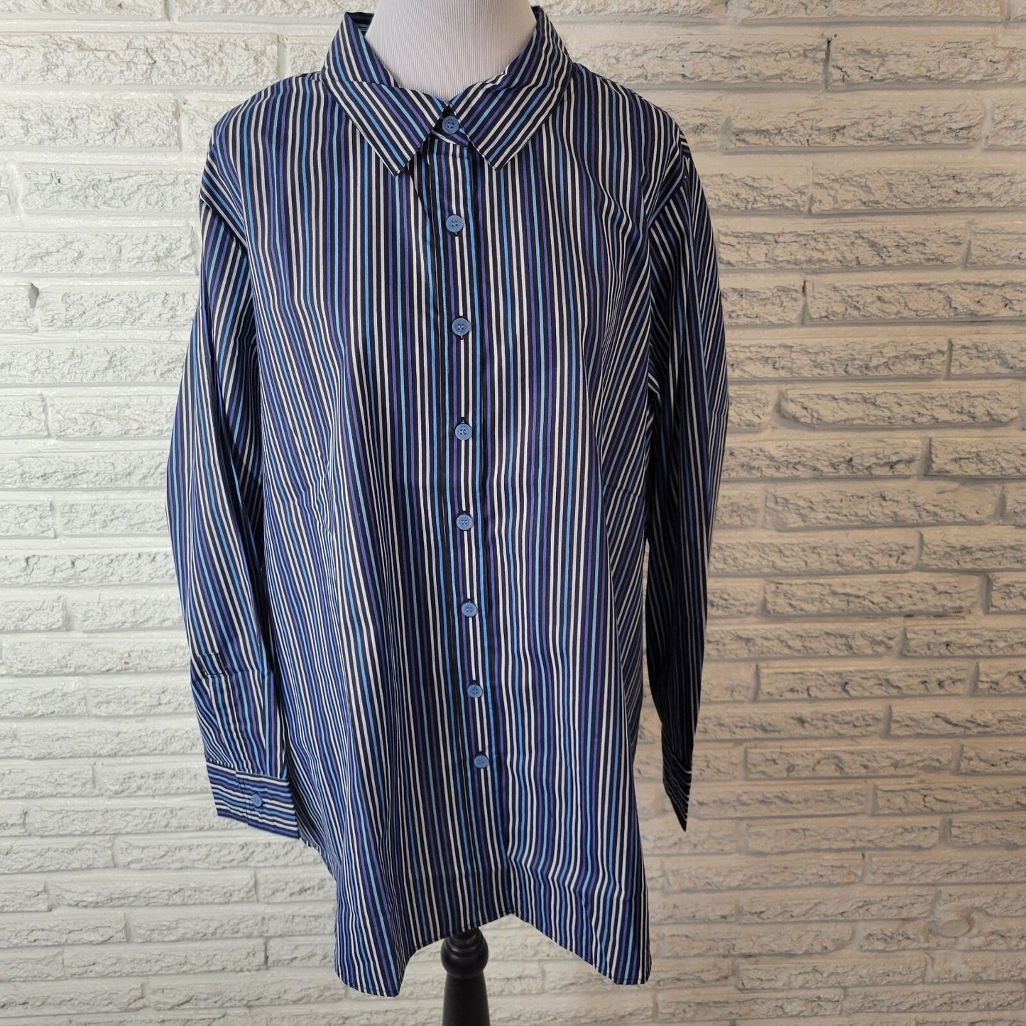 Roamans Womens Top 2X Plus Long Sleeve Collar Blue Stripe Cotton Blend Button Up