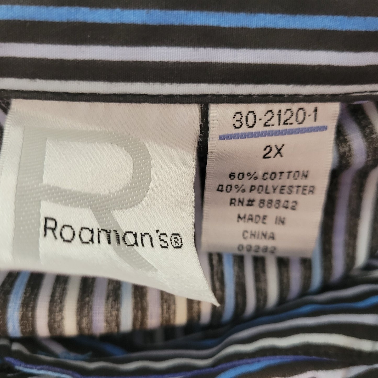 Roamans Womens Top 2X Plus Long Sleeve Collar Blue Stripe Cotton Blend Button Up