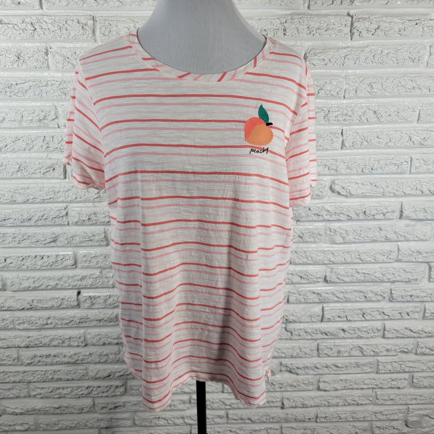St. John's Bay XXL Pink Orange Stripe Tee Top Peach Embroidered STR85XE