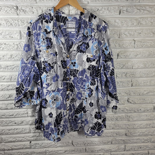Avenue Perfect Shirt Womens Top 30 32 Plus Roll Tab Sleeve Blue Floral Sheer