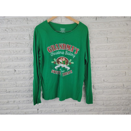 Christmas Womens Shirt 2XL Tee Grandmas Bakery Glitter Green Cotton Long Sleeve