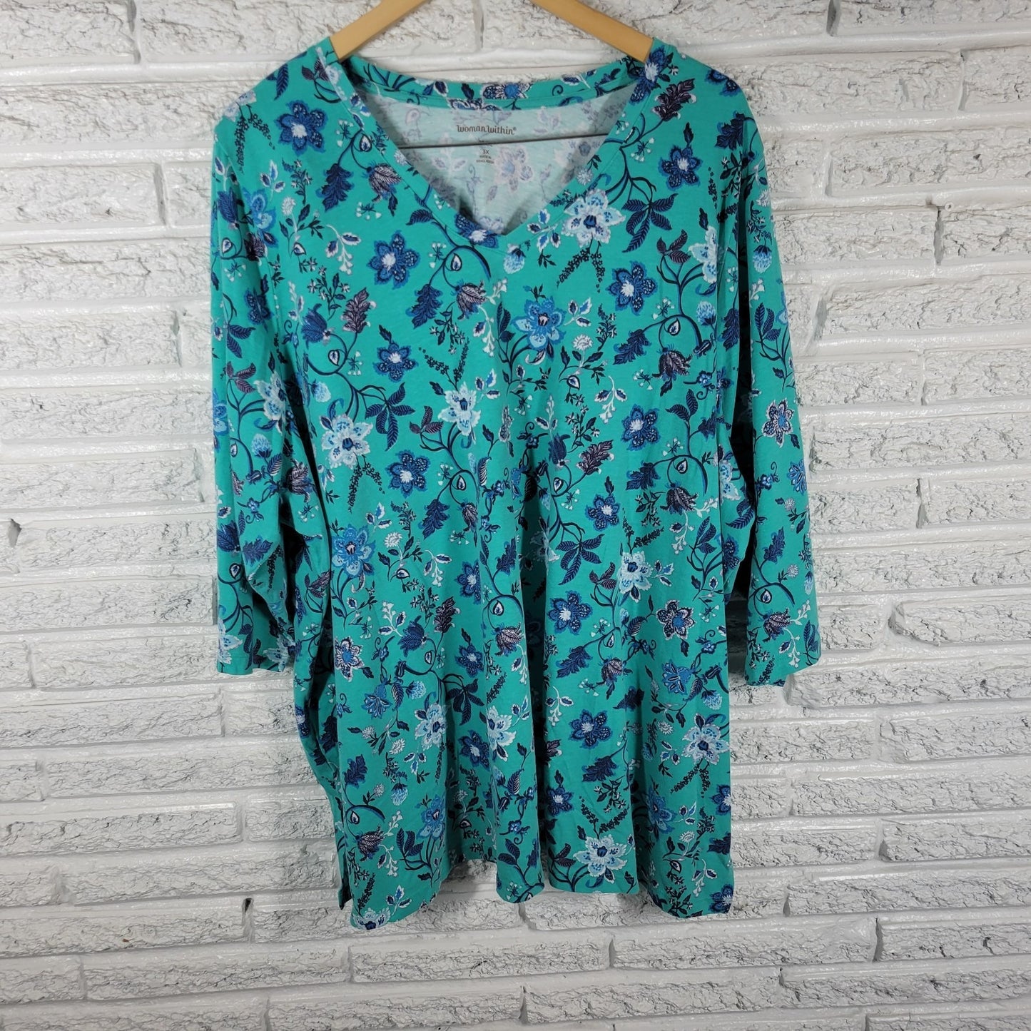 Woman Within Women's 3X Blue Floral Tunic Top V-Neck 3/4 Sleeve FLO320E
