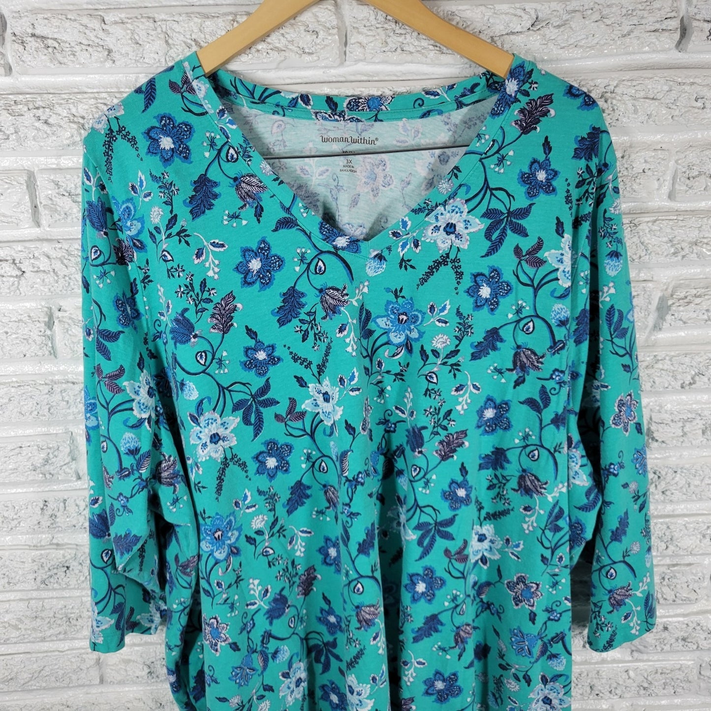 Woman Within Women's 3X Blue Floral Tunic Top V-Neck 3/4 Sleeve FLO320E
