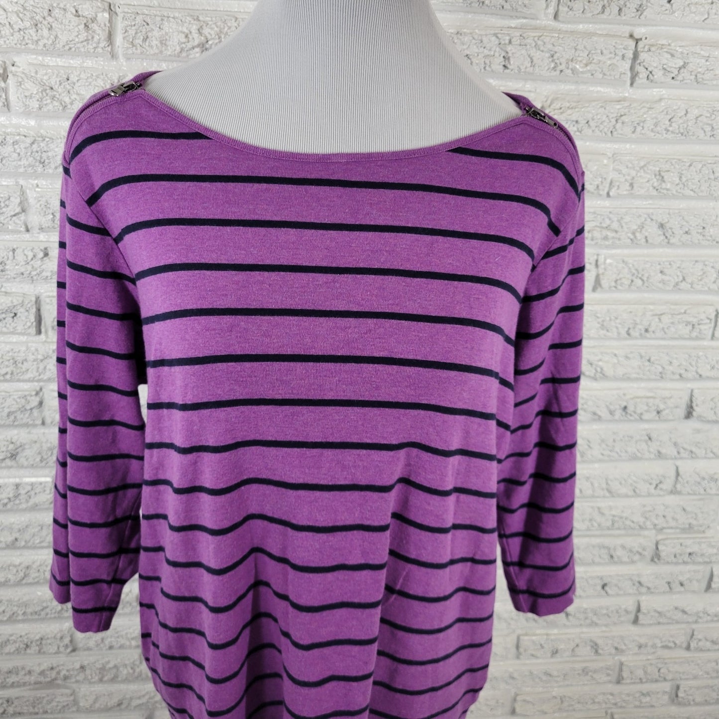 Croft Barrow Womens Top 1X Plus 3/4 Sleeve Zip Shoulders Purple Stripe Cotton