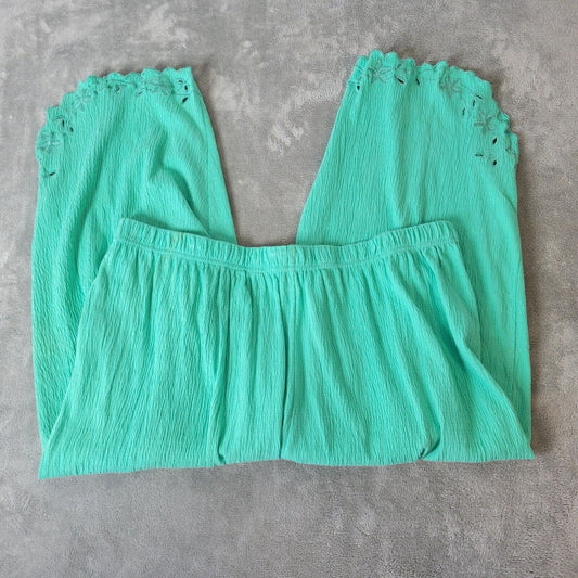 Roamans Womens Pants 1X Capri Pretty Mint Green Pull On Lightweight Eyelet Crepe