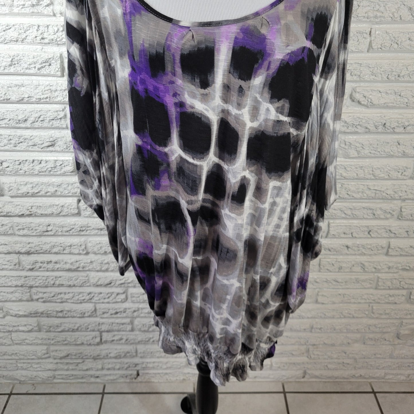 Worthington Womens Top Extra Large Peplum Purple Animal Print Angel Split Sleeve