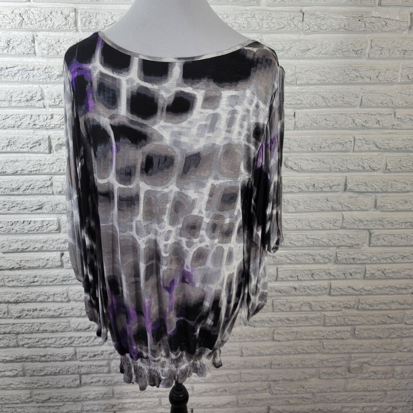 Worthington Womens Top Extra Large Peplum Purple Animal Print Angel Split Sleeve