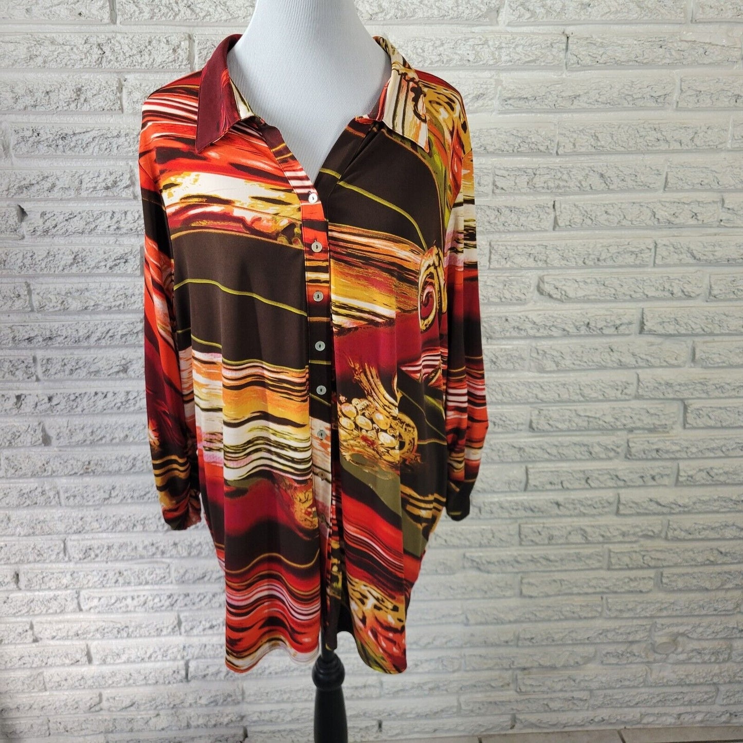 Susan Graver QVC Womens Top 2X Plus Ruched Sleeve Red Watercolor Poly Blend