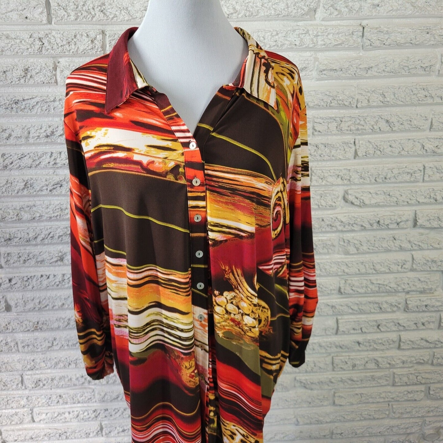 Susan Graver QVC Womens Top 2X Plus Ruched Sleeve Red Watercolor Poly Blend