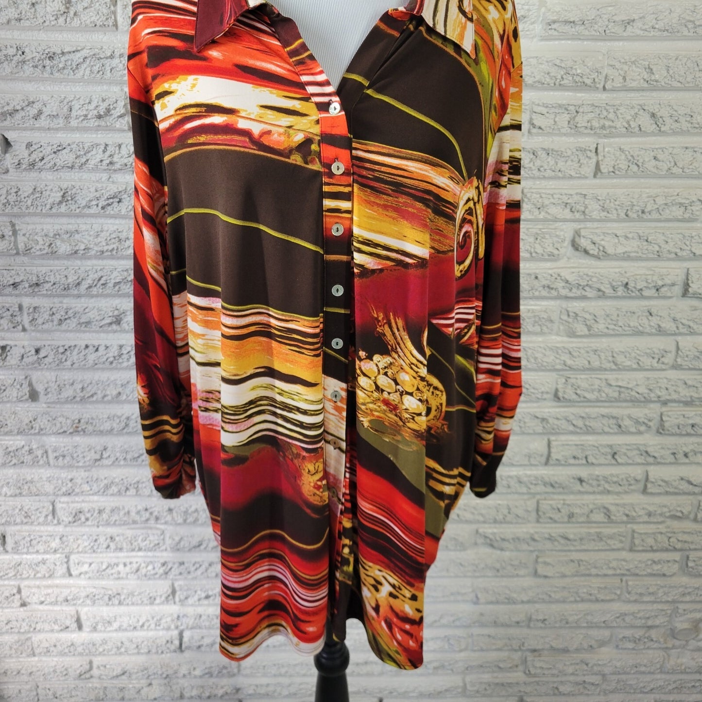 Susan Graver QVC Womens Top 2X Plus Ruched Sleeve Red Watercolor Poly Blend